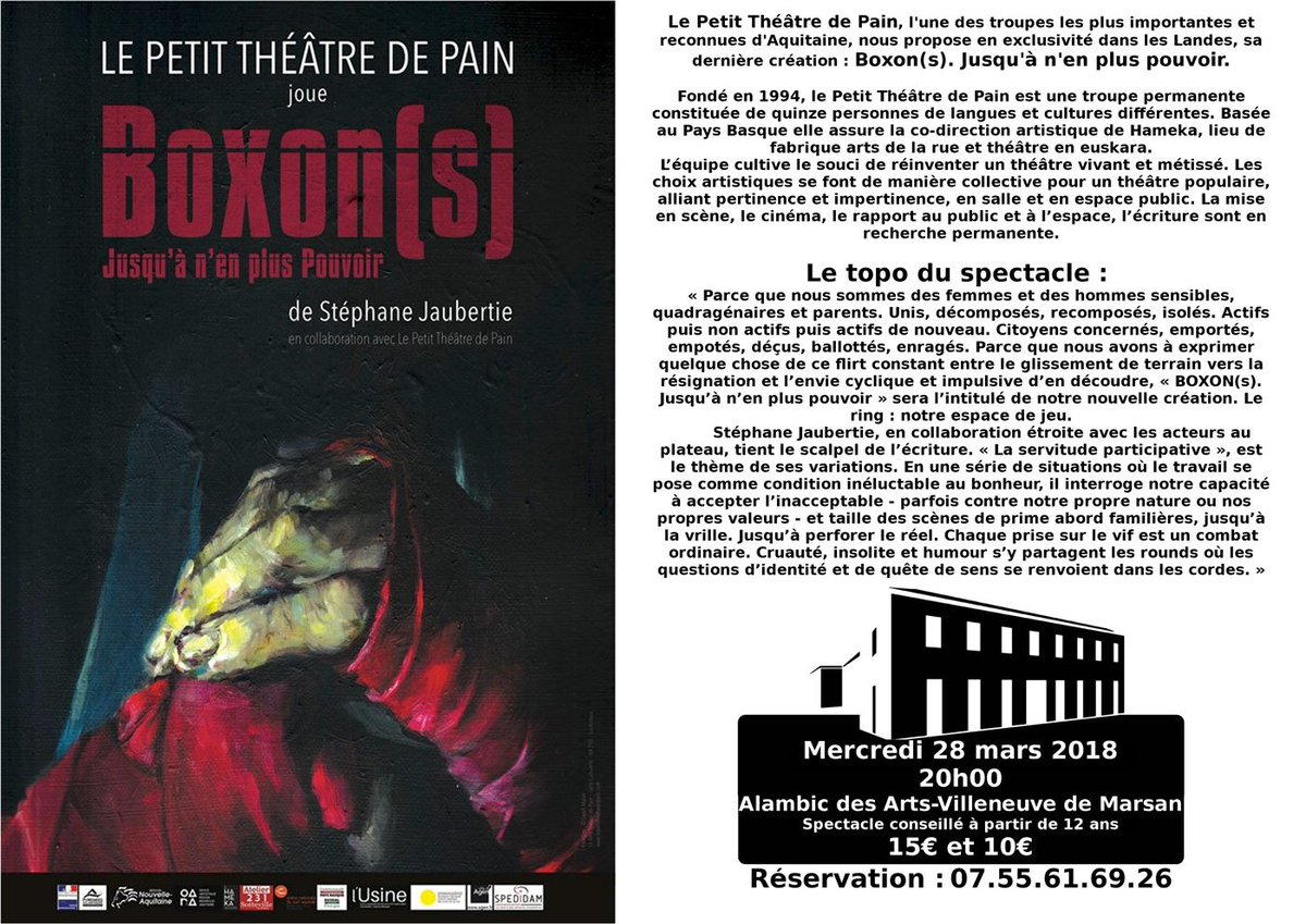 zeBizenz's tweet photo. "Boxon(s) jusqu'à n'en plus pouvoir" de Stéphane Jaubertie par Le Petit Théâtre de Pain le 28 mars à 20h à "L'Alambic des Arts" de Villeneuve de Marsan. Orga: @CieTd2m 
#théâtre #ptdp #landes #marsan  @LePTDP https://t.co/iMmt553PHH