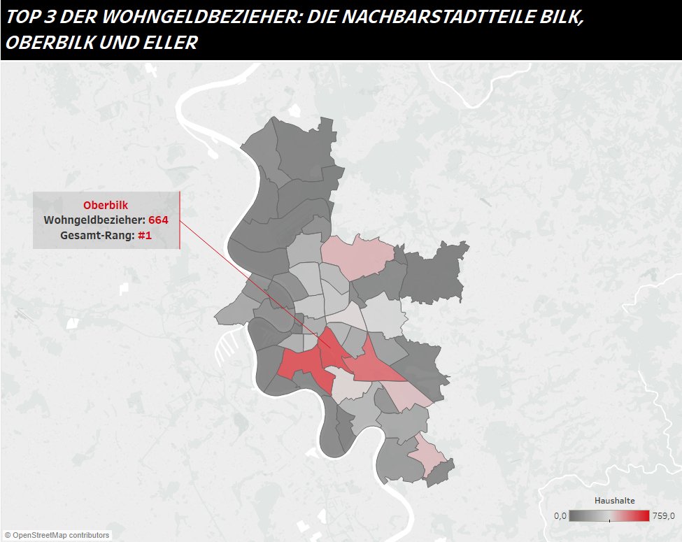 Diese <a href="/Duesseldorf/">Stadt Düsseldorf</a> Karte zeigt, dass am meisten die Einwohner der zentralen Stadtteile #Wohngeld beziehen. So hat man durch eine <a href="/tableau/">Tableau</a> #Visualisierung aus einem Datensatz mit hunderten Einträgen mit einem Blick das wichtigste erfasst. #DataScience <a href="/OpenDataDdorf/">Open Data Düsseldorf</a> #DataScience