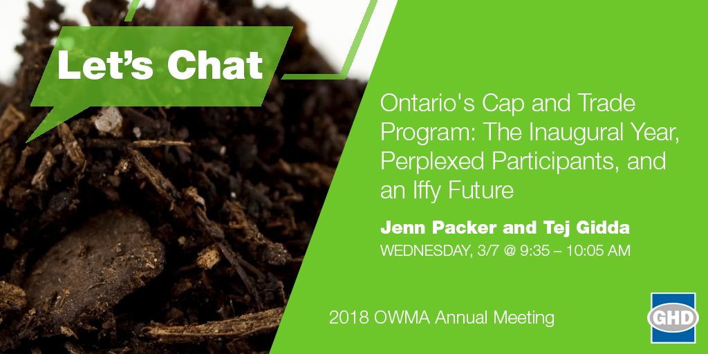 GHD_NAmerica's tweet image. Join us tomorrow at the 2018 OWMA Annual Meeting for a presentation on “Ontario’s Cap and Trade Program: The Inaugural Year, Perplexed Participants, and an Iffy Future.” bit.ly/2H7r4HB