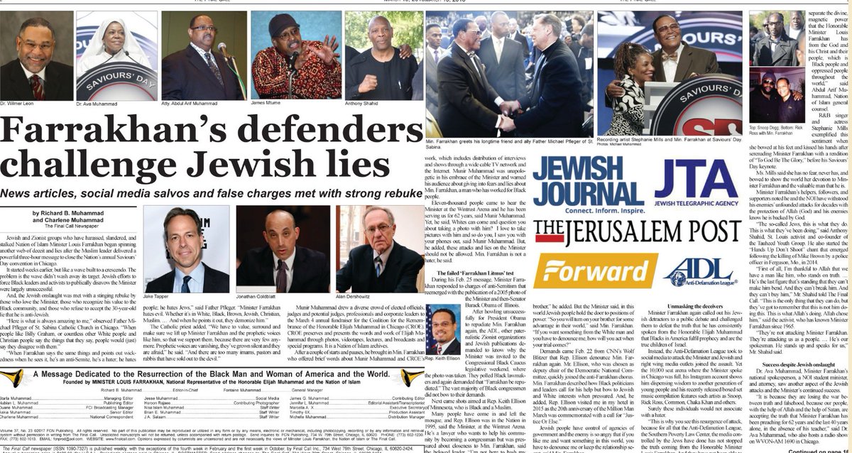BenjaminSales's tweet image. This is simply incredible. "The Final Call," the Nation of Islam newspaper, has a two-page spread dedicated to the "Jewish lies" calling Louis Farrakhan an anti-Semite. (h/t @JMDavido)