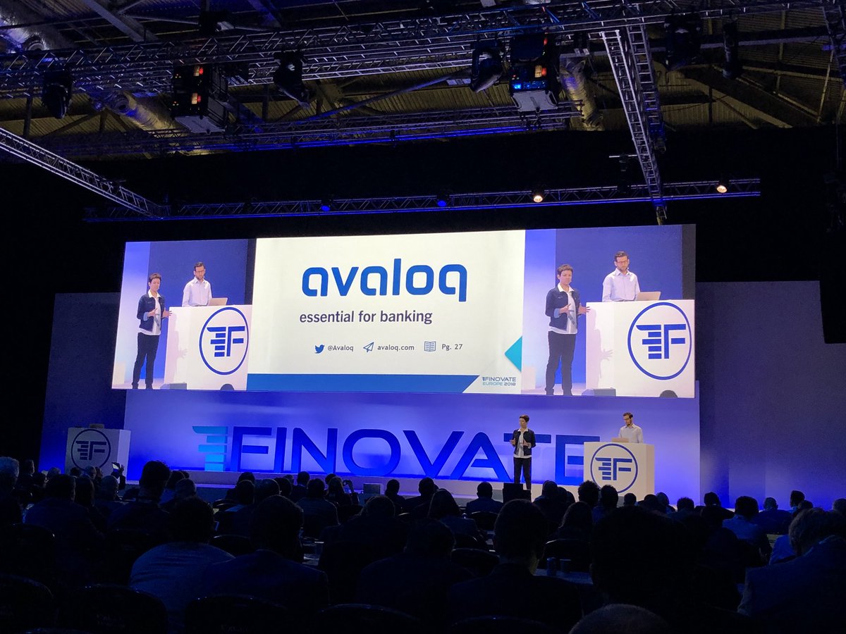 Avaloq's tweet photo. Happening now at #Finovate in London: demo of our goal based #wealthmanagement solution. Esther &amp; Santiago on stage! https://t.co/aO2UQH0u9P
