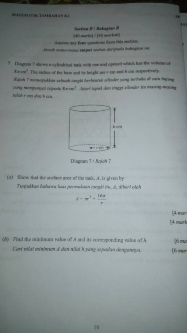 mathness49's tweet photo. F4: Differentiation (Pembezaan)

Minimum A --> dA/dr = 0 

dah dapat r, jangan lupa.. soalan nak A tau. masukkan r ke dalam A semula.

faham x? kalau xfaham boleh tanya.. kalau xfaham lagi... hi hi mcm mana nak explain ? 😉 https://t.co/nLICYi8xm7
