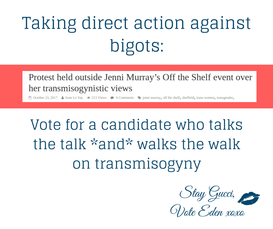 ladleye's tweet photo. As a student at @sheffielduni I organised a protest against a transmisogynistic speaker. I don't just say I'll fight transmisogyny, I've done it. #nuslgbtplus18 https://t.co/jWOhAJSkl2