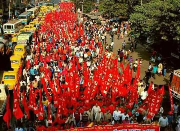cpimspeak's tweet photo. Politburo Members March on the streets of Kolkata against the widespread violence launched by BJP-IPFT against our comrades in #Tripura. #StandByTripuraLeft 
#Lenin Lives! https://t.co/iDPr9NGKyj