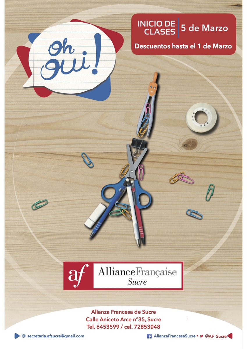 AF_Sucre's tweet photo. ¡ Las inscripciones por las clases de Francés están todavía abiertas ! ¡ Los esperamos !
🏠 Calle Aniceto Arce 35, Sucre
📲 6453599 https://t.co/ZPkt97yIJq
