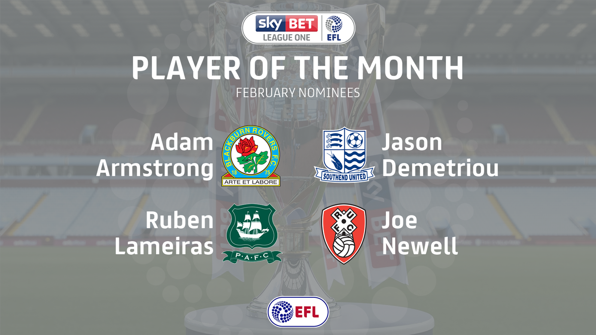 SkyBetLeagueOne's tweet photo. AWARDS: The @SkyBetLeagueOne Player of the Month nominees for February are:

@AdamArma9 - @Rovers
Jason Demetriou - @SUFCRootsHall
@RubenLameiras - @Only1Argyle
@Joenwl15 - @OfficialRUFC

>> https://t.co/s6OwSkaXe6 https://t.co/RJuU5FNuxC