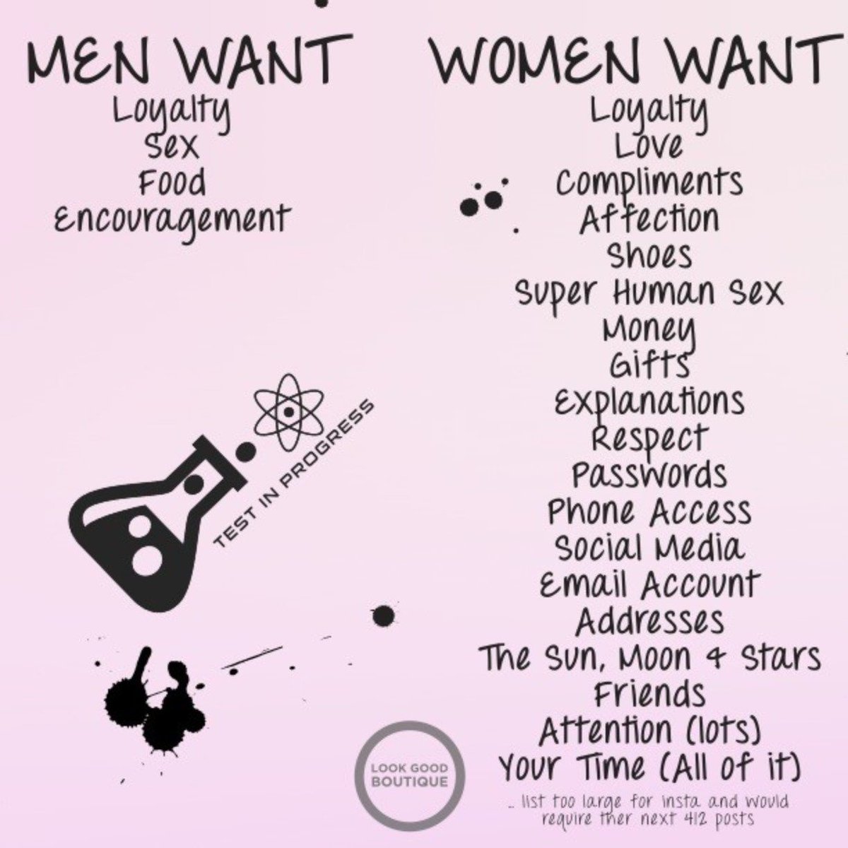 LGBoutiqueUK's tweet photo. 😜😍WE AREN'T SO COMPLICATED 😍😜 This list is not exhaustive🔬🌡️...Boos,What else needs adding ?😘😘💗😂 
 https://t.co/flaHxlD2Sj 
#lookgoodboutique #lookgood #lookgoodboutiqueuk https://t.co/sqGoLflPoR