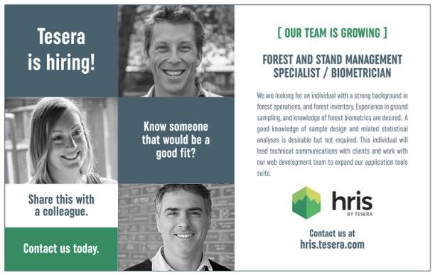 TeseraSystems's tweet photo. Tesera is #hiring #forestry #inventory experts. Looking for a Forest and Stand Management Specialist / Biometrician to join our HRIS #forest #inventory solutions team https://t.co/20gWUr2ABw https://t.co/xEK8DhPlst