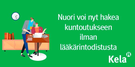 Nuoret voivat maaliskuusta alkaen hakea Kelan kuntoutuspalveluita ilman kirjallista hakemusta ja lääkärinlausuntoa.  kela.fi/ajankohtaista-… #nuoret #neetnuoret #kuntoutus #nuorisotyö #opiskeluvalmennus