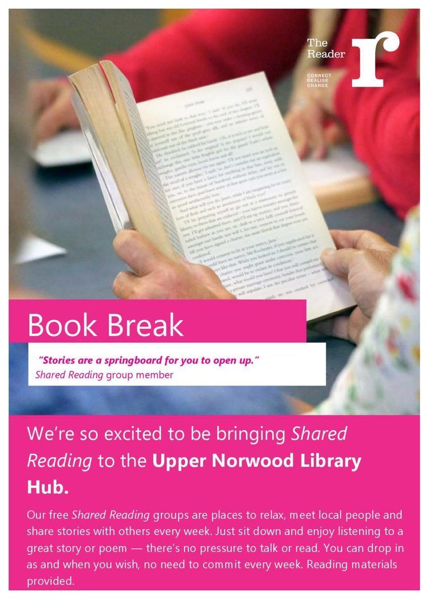 Fancy joining a reading club in #CrystalPalace #SE19 ? Then pop into <a href="/Norvillescoffee/">Norvillé</a> <a href="/UpperNorLibHub/">Upper Norwood Library Hub</a> at 10am tomorrow to listen to&amp;read aloud some great stories and poems with its shared reading group. More deets below 👩🏽‍🏫#CrystalPalaceTriangle #CPlocal #palacesocialbuzz