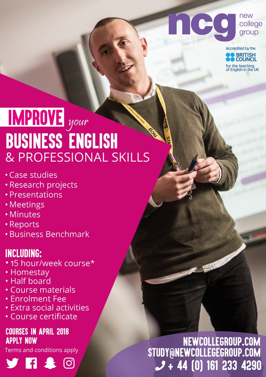 NewCollegeGroup's tweet photo. Visit https://t.co/UJAliEdTTO to receive special offers on our APRIL Business for English &amp; professional skills course! #businessenglish #studyinmanchester #business #professionalgoals #investinyourcareer https://t.co/ixpie5bVIQ