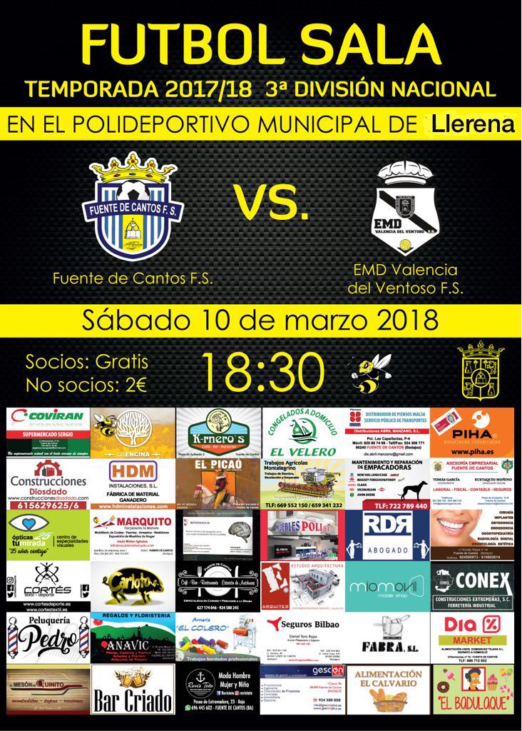Oficial:Ya tenemos día,hora y lugar para jugar nuestro partido contra el <a href="/EMDVDV/">AFS VDV</a>. Será el próximo sábado a las 18:30 y OJO,se jugará en LLERENA por obras en el polideportivo municipal de Fuente de Cantos.Lo dicho,jugamos en LLERENA, sábado 10 Marzo a las 18:30. No os lo perdáis