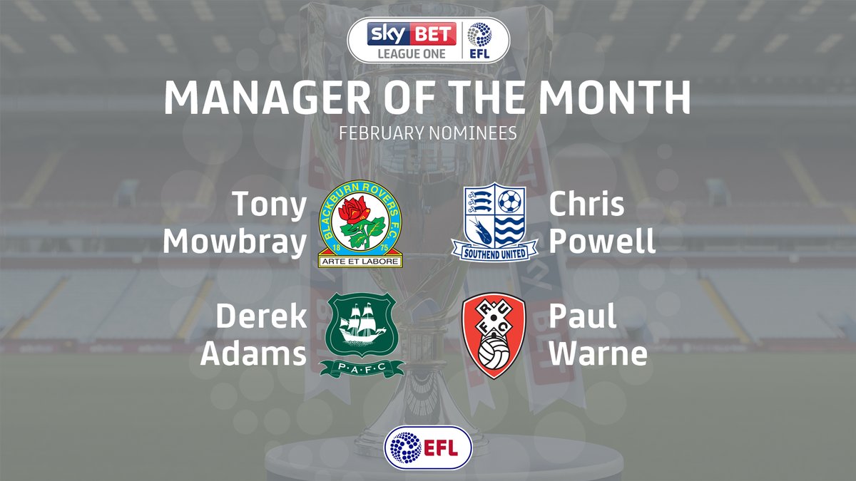 SkyBetLeagueOne's tweet photo. AWARDS: The @SkyBetLeagueOne Manager of the Month nominees for February are:

Tony Mowbray - @Rovers
Chris Powell - @SUFCRootsHall
Derek Adams - @Only1Argyle
Paul Warne - @OfficialRUFC

>> https://t.co/Ys614rDHBe https://t.co/WunYmxUZ2v