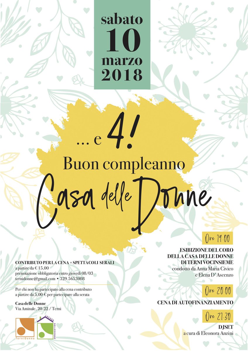 #BuonCompleanno #casadelledonne di #terni sabato 10 marzo cena di autofinanziamento + #djset 

#4anni #andiamoavanti #conledonne #unitecimettiamo