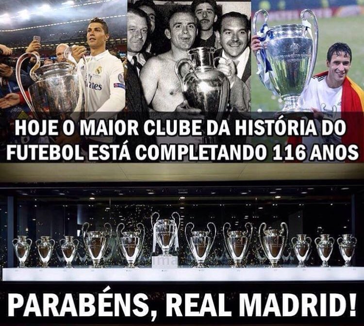 CR7Brasil's tweet photo. 116 anos do maior clube da história. 116 anos de reinado, de lutas, de glórias e principalmente de amor. Quem não é torcedor não vai entender o sentimento. É inexplicável, só sabe quem sente. 
“Não torcer pro Real Madrid é como renunciar a própria felicidade” 

#RM116 #HalaMadrid https://t.co/Hxd55ftcL7