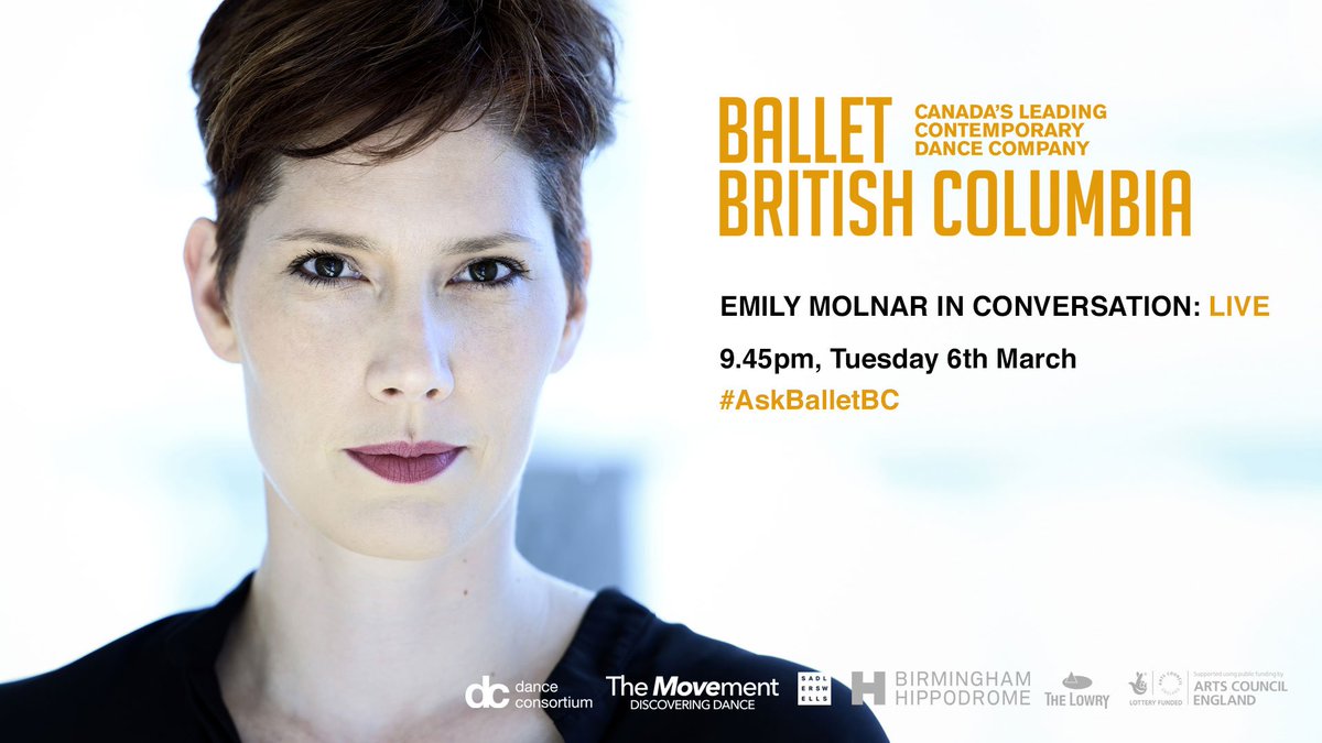 DanceConsortium's tweet photo. Watch our #FacebookLive of Emily Molnar of @BalletBC chatting with Alistair Spalding of @Sadlers_Wells tonight, 9.45pm. Emily will also answer questions from the audience &amp; you! Simply use #AskBalletBC for a chance of having your queries answered live by #EmilyMolnar https://t.co/bjOEjPg7gR