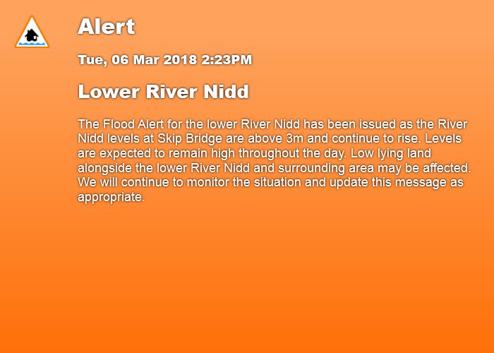 FloodAlerts_WYO's tweet photo. Flood Alert, 2:23PM 06/03/2018, Lower River Nidd, https://t.co/qK3DoW8HXx #floodaware https://t.co/s3EqcmR5xe