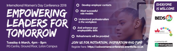 Just over 1 hour until International Women’s Day Conference here at <a href="/uniofbeds/">uniofbeds</a> in the PG centre. This is a <a href="/BedsSU/">Beds SU</a> <a href="/enterprisecares/">EnterpriseRentACar</a> and <a href="/ubcareers/">UoBCareers</a> collaborative event. #WomensDay #Power #Equality