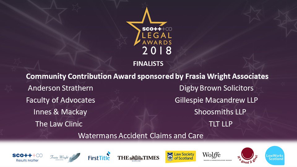 LegalAwards's tweet photo. Our #finalists in the Community Contribution Award sponsored by @frasiawrightrec, who will take the title on the 15th of March? Best of luck to everyone! #legalawards18 #watermans #TLTLLP @solicitors_AS @DigbyBrownLLP @facofad @GMacandrew @InnesandMackay @ShoosmithsLaw @GCULaw https://t.co/gzW7CVZ0DT
