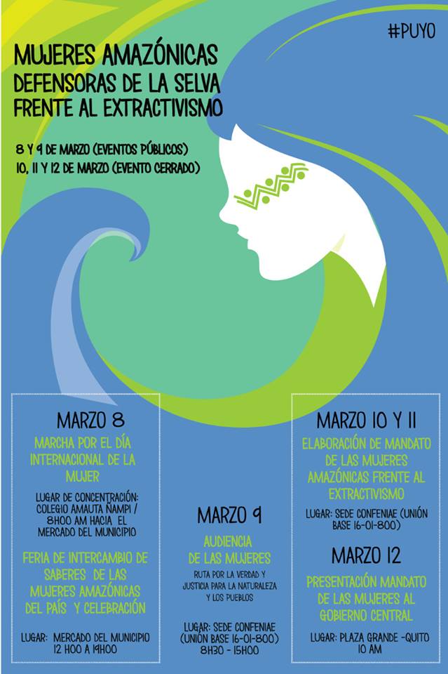 Solidaridad, Solidarity! On #InternationalWomen's Day, a coalition of #IndigenousWomen from across Ecuadorian #AmazonRainforest will gather for 'March of Amazon Women Forest #Defenders Against Extractivism' in the city of Puyo facebook.com/events/2040243…