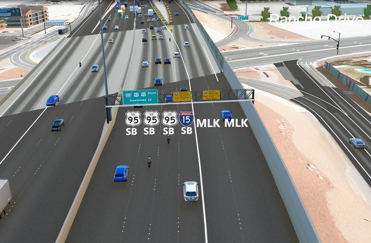 LVMPD's tweet photo. Detour Alert Reminder! 
The US 95 southbound to I-15 southbound Spaghetti Bowl ramp has shifted to a one-lane detour - accessed from US 95. Take the detour from the right lane of US95.  DO NOT exit via Martin L King ramp. Stay alert! #lvtraffic https://t.co/v1qp5fOKue