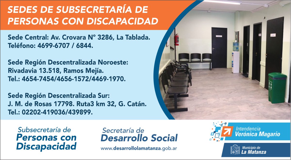 DiscapLaMatanza's tweet photo. La Subsecretaría de Personas con #Discapacidad cuenta con una sede central 🏢 y dos descentralizadas para estar más cerca de los habitantes de #LaMatanza. Conocelas. https://t.co/J3BNADaFWk https://t.co/95RLeyg75x