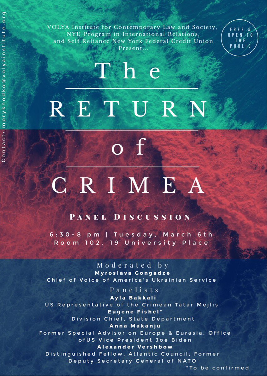 UKRinUN's tweet photo. An important panel discussion tonight on the future of #Crimea at #NYU. Ambassador @YelchenkoUN will participate. @VOLYAInstitute

For more info, please visit ➡️ https://t.co/9PqQuthaZr https://t.co/g5rIU0GW3E