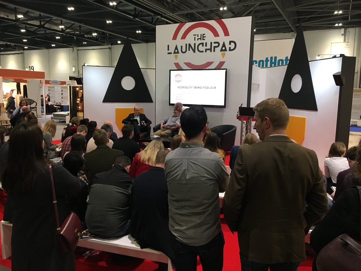 The crowd awaiting <a href="/james_stagg/">James Stagg</a> Louise Pilkington, Nick Vadis &amp; Mark Davies <a href="/compassgroupuk/">Compass Group UK & I</a> discussing hospitality trends for 2018 @Hotelympia