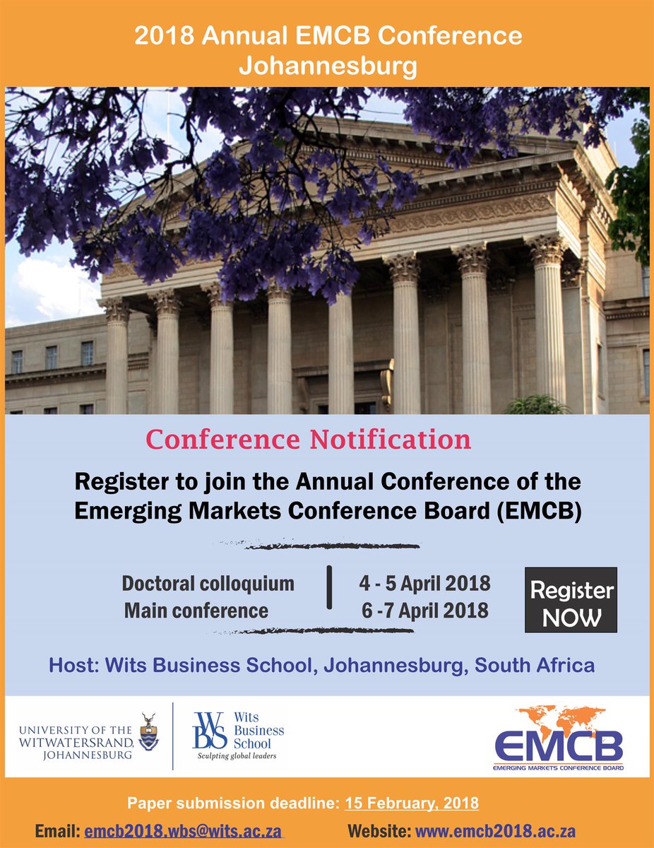 witsbschool's tweet image. Calling all businesspeople who have to stay on top of the challenges facing emerging economies – there’s only a month to go until the annual conference of the Emerging Markets Conference Board (EMCB) at WBS from 4 to 7 April. Register here: emcb2018.co.za/registration/