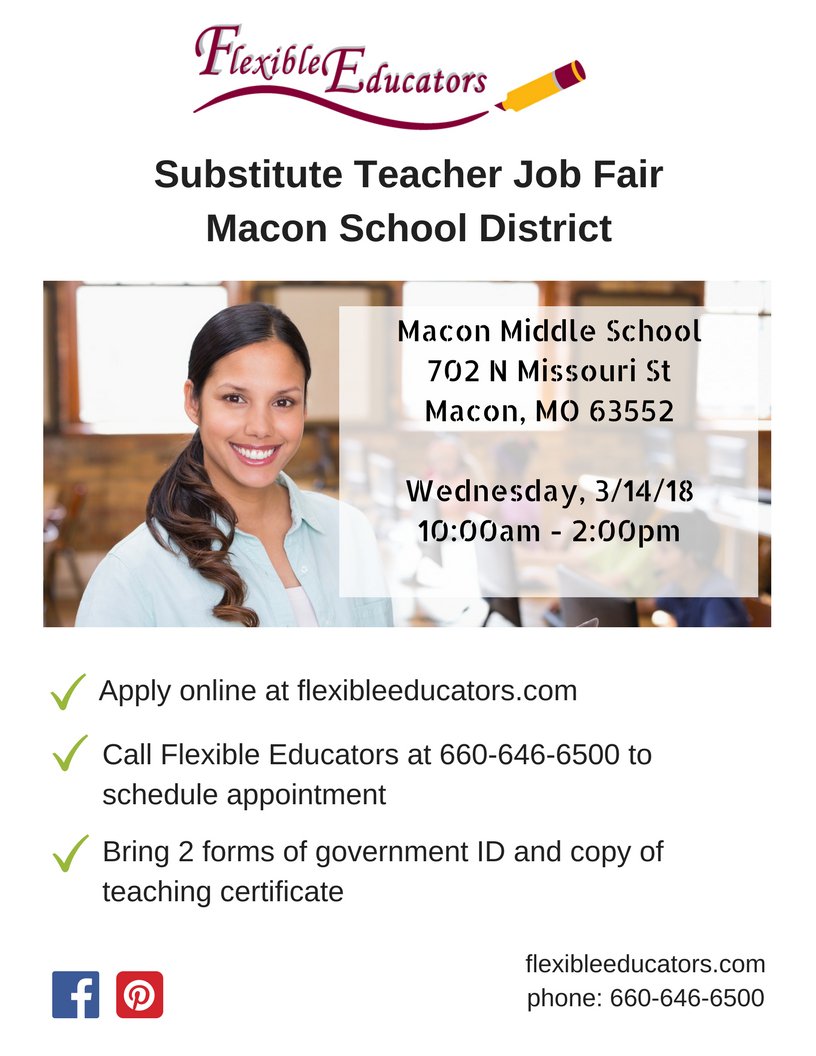Flex_Staffing's tweet photo. Interested in becoming a substitute teacher? Visit our #JobFair in Macon on 3/14/18!! https://t.co/pTuzH6OeGp