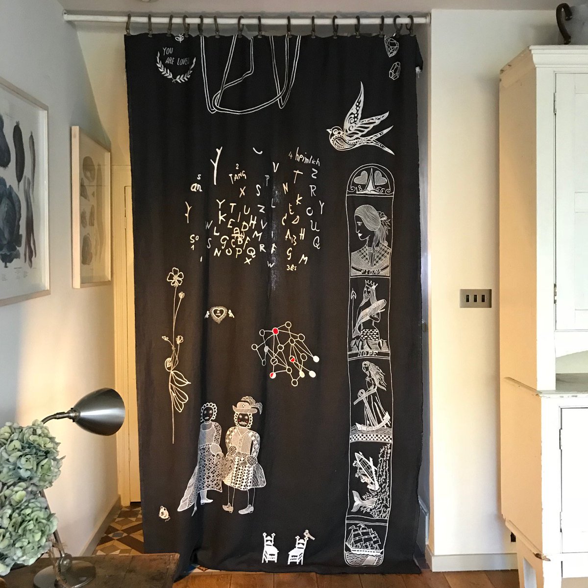 Charlene_Mullen's tweet image. An example of how our embroidered Sampler hangings can be used, perfect for dividing rooms and keeping out draughts.