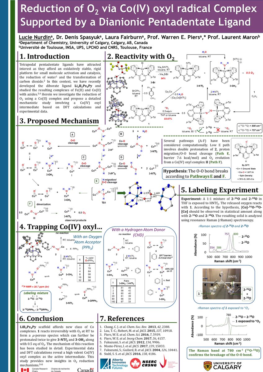 There is my most recent PhD work with @wpiers1 on the 'Reduction of O2 via Co(IV) oxyl radical complex supported by a dianionic pentadendate ligand'. Don't hesitate to ask questions on the mechanistic studies. #RSCPoster #RSCInorg Thanks for organizing the conference again.
