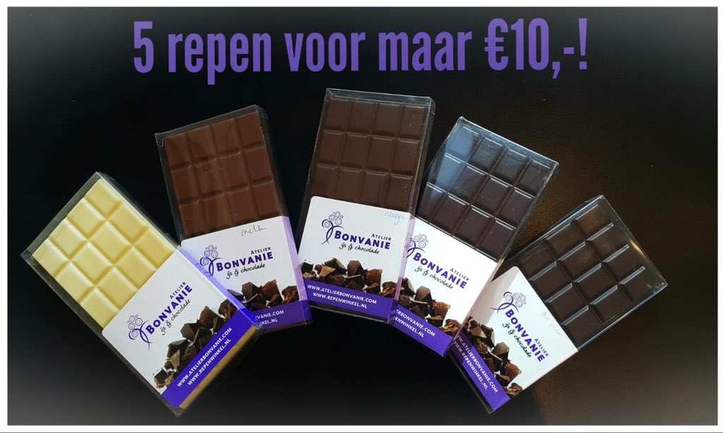 ☆WEEK AANBIEDING☆

Profiteer tot en met zondag 11 maart van deze heerlijke actie!  

5 chocoladerepen naar *keuze voor maar €10,- i.p.v. €14,50! 

Keuze uit 7 smaken chocolade 👌

*m.u.v 80% puur