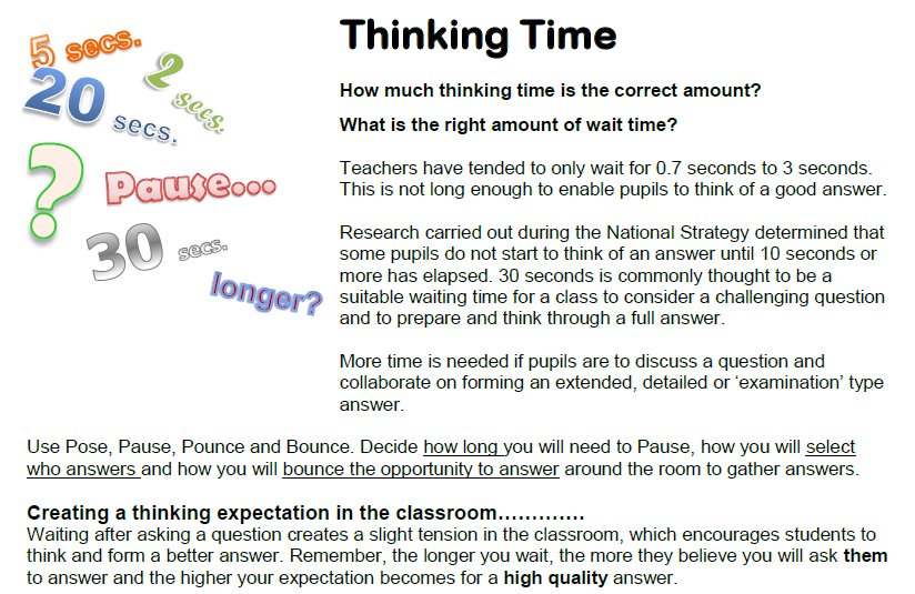 chrisclinewcps's tweet photo. Asking Higher Order Questions requires proper wait time to allow students to think &amp; process their thoughts/responses  #wcpsmd #Domain3B https://t.co/HiuOycIymw