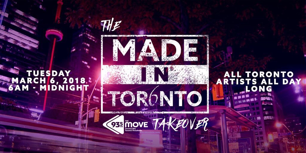 ATTN: Toronto! Tune into @935TheMoveTO TODAY until 12:00AM for the #MadeInToronto Takeover ❄️🔊 bit.ly/Listen2TheMove