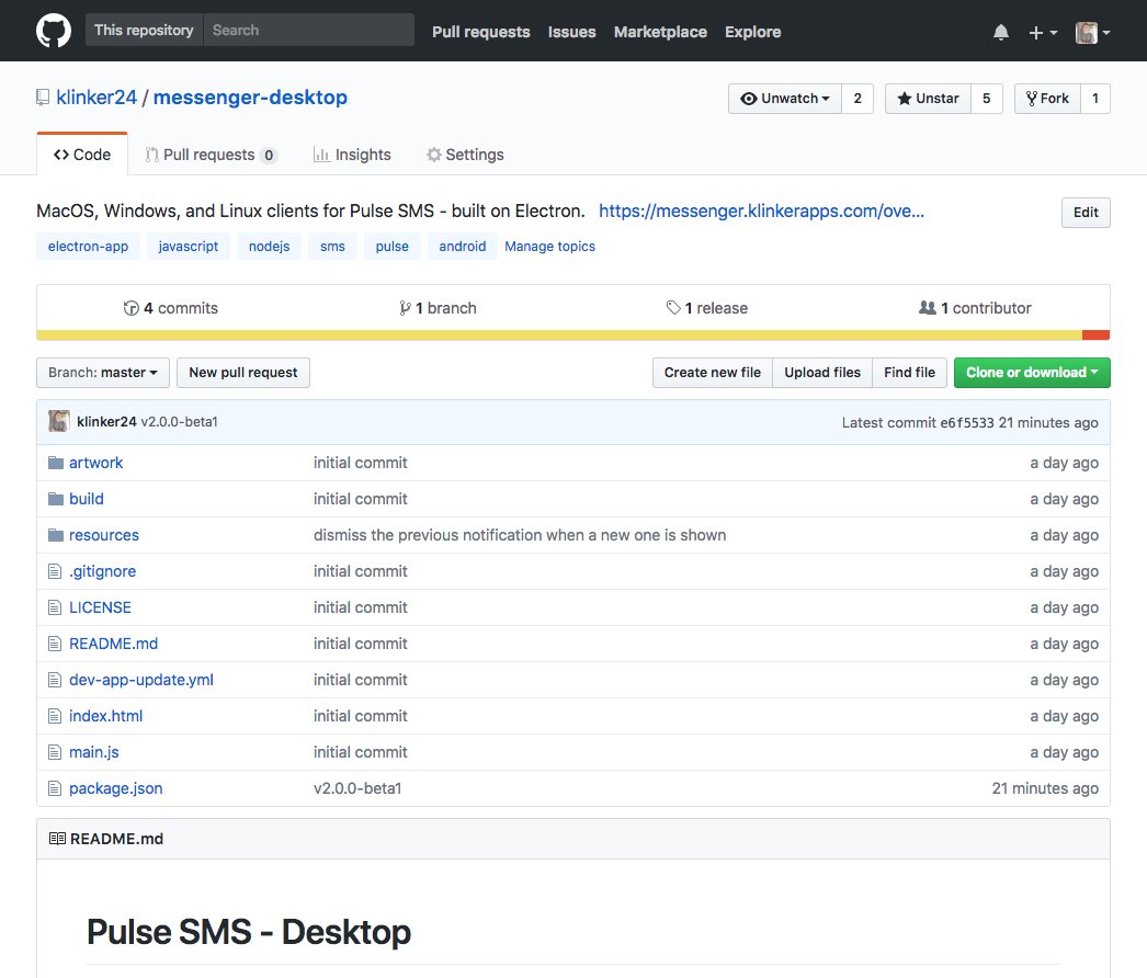 lukeklinker's tweet image. I put out a beta for v2.0.0 of the Pulse desktop (Mac, Windows, and Linux) apps, this morning. On top of that, these desktop clients are now open source!
Release Notes: blog.klinkerapps.com/pulse-sms-desk…
Open Source Repo: github.com/klinker24/mess…