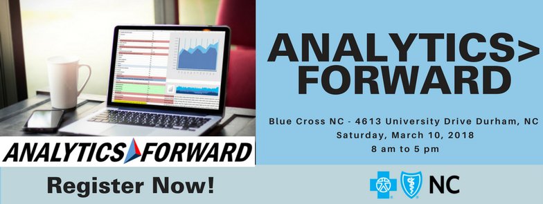 BlueCrossNC's tweet image. #datanerds don't miss Analytics&amp;gt;Forward this Saturday in #Durham! Find out more and register.
bit.ly/2HaYoxz  #data #bigdata #blockchain #rstats  #data4good