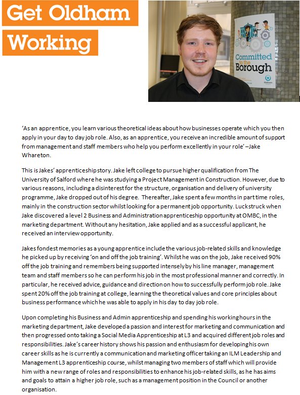 EmployOldham's tweet photo. Read Jake's apprenticeship story to find out how he started his career at Oldham Metropolitan Borough Council through a level 2 Business and Administeration apprenticeship and discover how that led to Jake taking a level 3 ILM Leadership and Management apprenticeship! https://t.co/xG4oiG4UUA