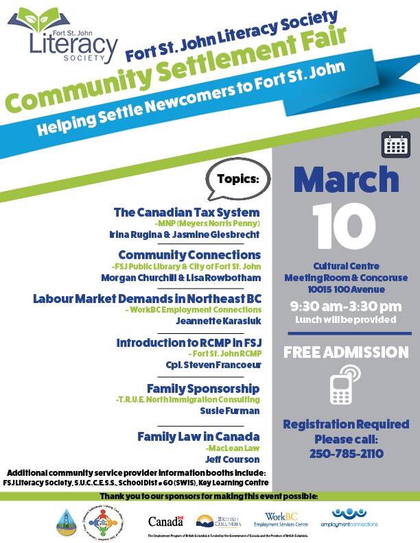 FSJLitSoc's tweet photo. Community Settlement Fair taking place this Saturday! Free to attend, call 250-785-2110 to register! #yxj https://t.co/oIFIxv3bDs