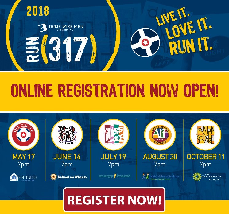 BroadRippleMag's tweet photo. Registration for the 2018 @thr3ewisemen @RUN_317 Series is officially open! Click below to register and check out the dates!
https://t.co/FCrBZcFCKC https://t.co/zK0hYyxtwP