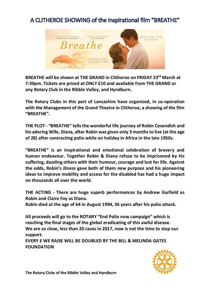 ClitheroeRotary's tweet photo. Please retweet details of this special showing of Breathe at @TheGrandVenue Friday 23rd March in support of Purple4Polio.
End Polio Now
#purple4polio #Breathe #rotary1190 #Endpolionow https://t.co/uRme1n7Pqa