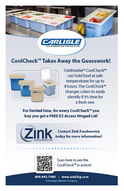 ZinkFSG's tweet photo. March is National Nutrition Month! Zink will be posting different products that can help you deliver healthy and delicious dishes. The first product is the Coldmaster CoolCheck from @CarlisleFSP! For every CoolCheck you buy, Zink is offering a FREE Ez Access Hinged Lid! https://t.co/bpu7PZowZm