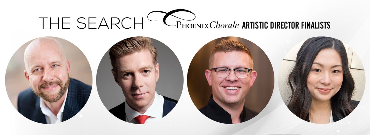 phoenixchorale's tweet photo. We are thrilled to announce Four FINALISTS in the search for our next Artistic Director: James K. Bass, Christopher Gabbitas, Brian A. Schmidt, and Jenny Wong. Get to know the finalists! Visit https://t.co/3uFwcWgoTJ #PC60Search https://t.co/RfUU71rhZ8