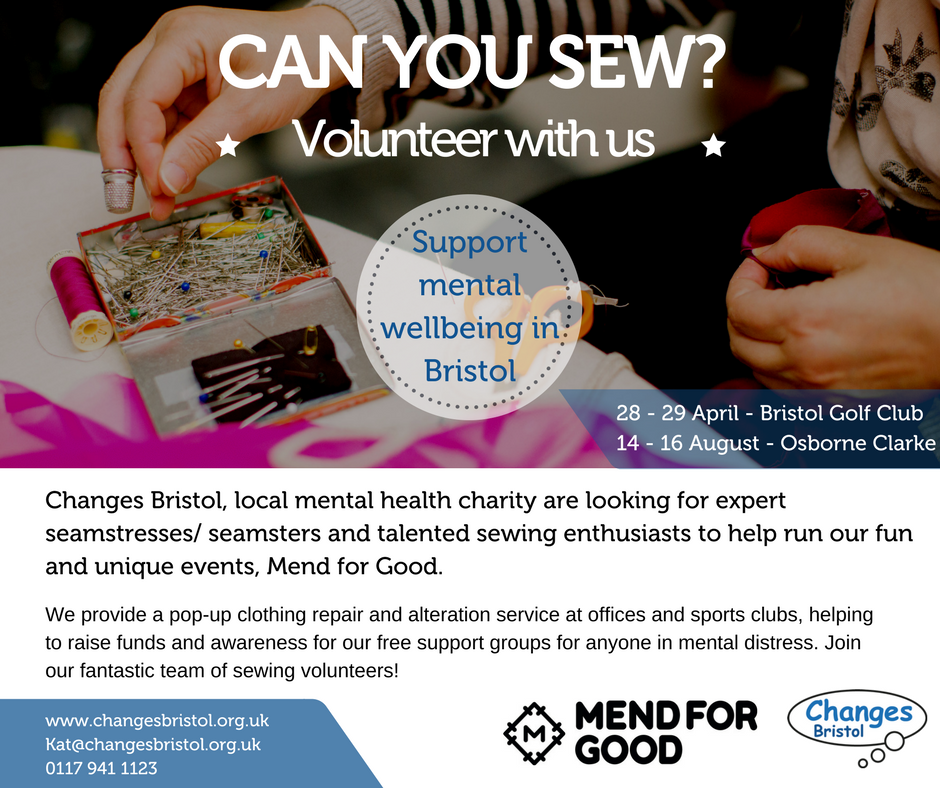 ChangesBristol's tweet photo. Calling all expert seamstresses/ seamsters &amp; sewing enthusiasts!
Will you help us run our unique campaign Mend for Good, raising funds and awareness for mental well being. https://t.co/mE6AWGGyLb
Please retweet. #MendforGood @BristolSewing @midnightlaura @BrisTexQtr @SewTeaCake https://t.co/EkN5uVfGSy