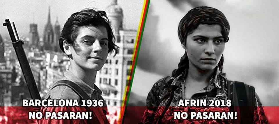 KurdsCampaign's tweet photo. "We must organise, we must unite in their name. For with solidarity comes strength, and from the caves of Afrin will spring a revolution reborn. And they too will defiantly proclaim ¡No pasarán!" 
Brilliant article by @ChrisHazzardSF #DefendAfrin https://t.co/blJNS9eLk3 https://t.co/csHLCZeKF9
