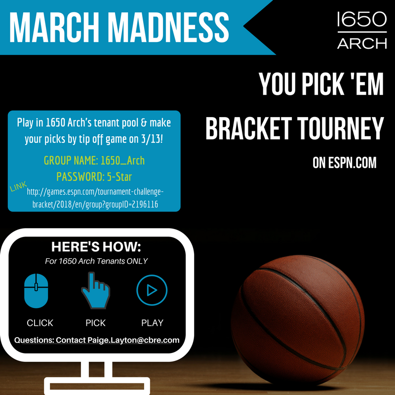 1650Arch's tweet photo. Join the Madness at 1650 Arch for our You Pick 'Em Bracket Tourney on ESPN! Make your selections by 3/13! #MarchMadness2018 #5StarServiceWorldwide #ESPN https://t.co/lzAnUOwse5