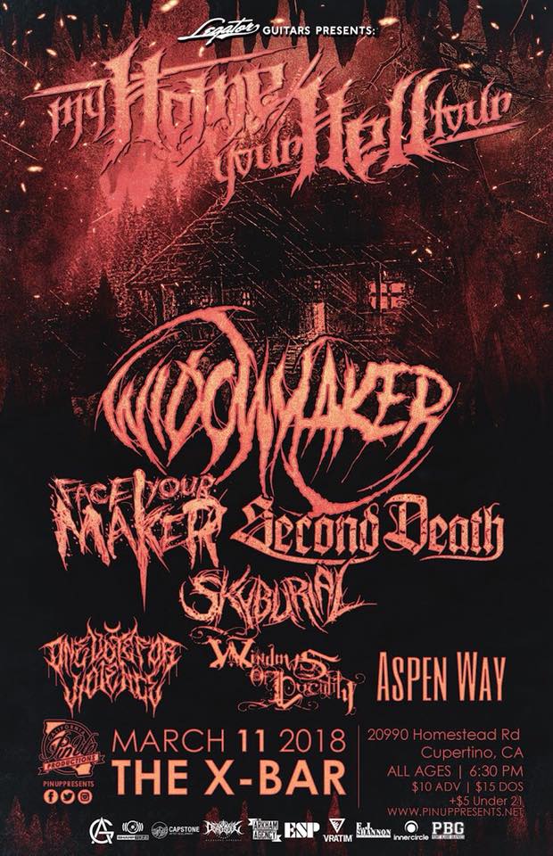 PinUpPresents's tweet photo. 3.11 @ The XBar (Cupertino)
#MYHOMEYOURHELLTOUR
#widowmaker @FACEYOURMAKER_ @seconddeath229 #skyburial #WindowsofLucidity #aspenway @_OVFV_
All Ages | 6:30PM | $15 https://t.co/iGRVTX3odb