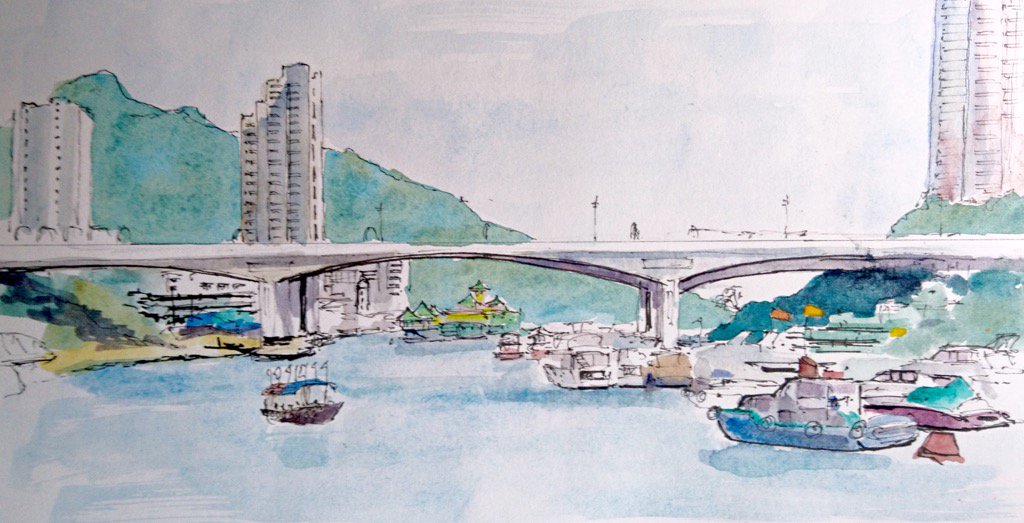 Bridge in #Aberdeen #HongKong #hongkongsketchbook begins and replaces #srilankasketchbook #watecolour #pleinair
