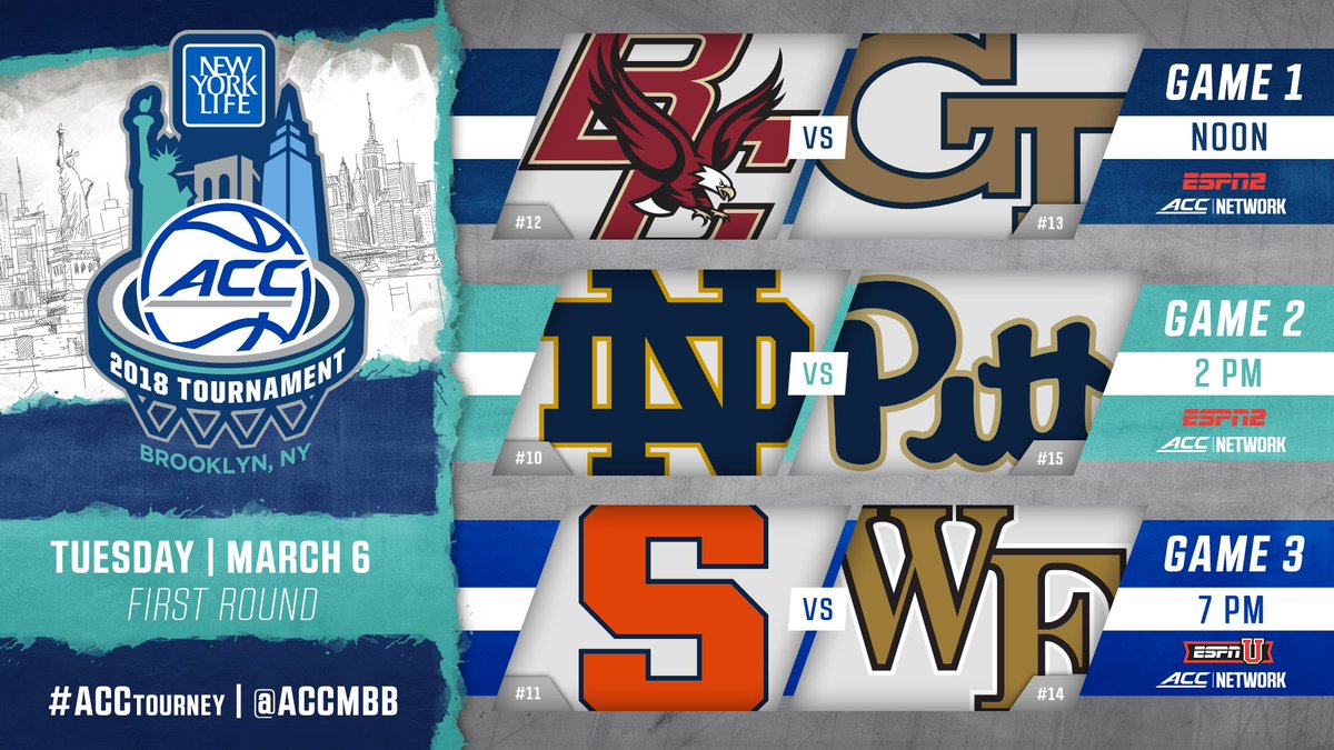 theACC's tweet photo. It's finally here! The 2018 @NewYorkLife ACC Tournament begins TODAY! Get a full schedule, how to watch, stats and more right here: https://t.co/kQpRzdhk8c #ACC #ACCMBB #ACCTourney https://t.co/eaOeH85USq