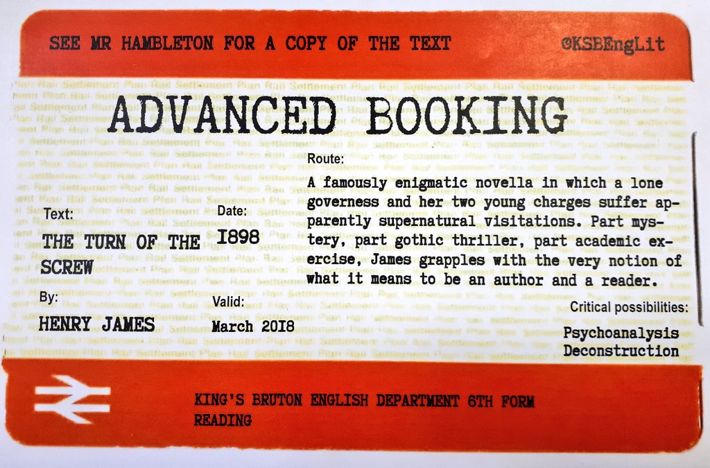 KSBEngLit's tweet image. March&apos;s #advancedbooking has arrived: a suggestion for your wider reading. This month it&apos;s Henry James&apos; famously enigmatic novella &apos;The Turn of the Screw&apos;. @KingsBruton